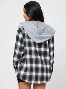 SHEIN PETITE Contrast Collar Plaid Print Blouse,Long Sleeve Tops - Black and White - View 2