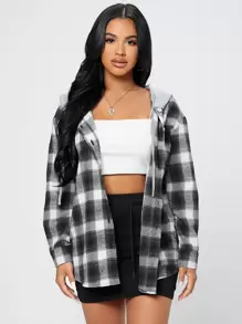 SHEIN PETITE Contrast Collar Plaid Print Blouse,Long Sleeve Tops - Black and White - View 3