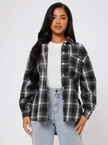 SHEIN PETITE Drop Shoulder Plaid Shirt,Long Sleeve Tops - Black - View 3