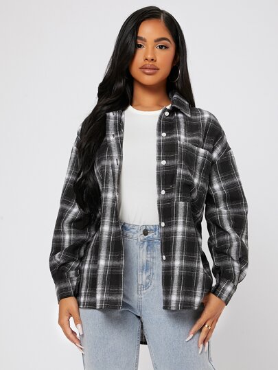 SHEIN PETITE Drop Shoulder Plaid Shirt,Long Sleeve Tops ,Petite Women