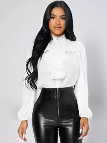 SHEIN PETITE Ruffle Trim Jabot Collar Blouse - White - View 4