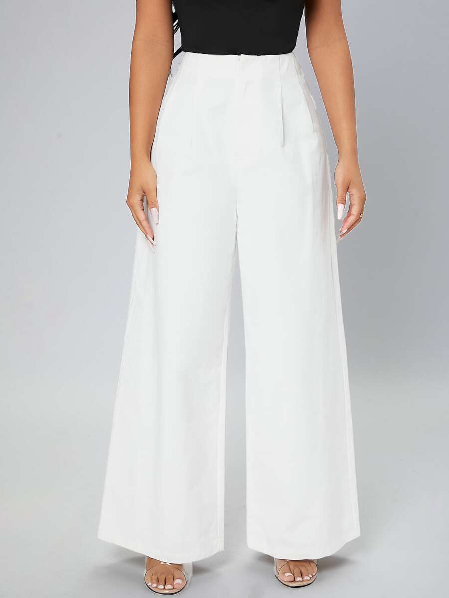 SHEIN PETITE Fold Pleated Wide Leg Trousers - White - View 1