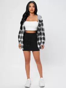 SHEIN PETITE Contrast Collar Plaid Print Blouse,Long Sleeve Tops - Black and White - View 4