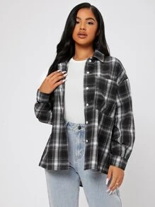SHEIN PETITE Drop Shoulder Plaid Shirt,Long Sleeve Tops - Black - View 4