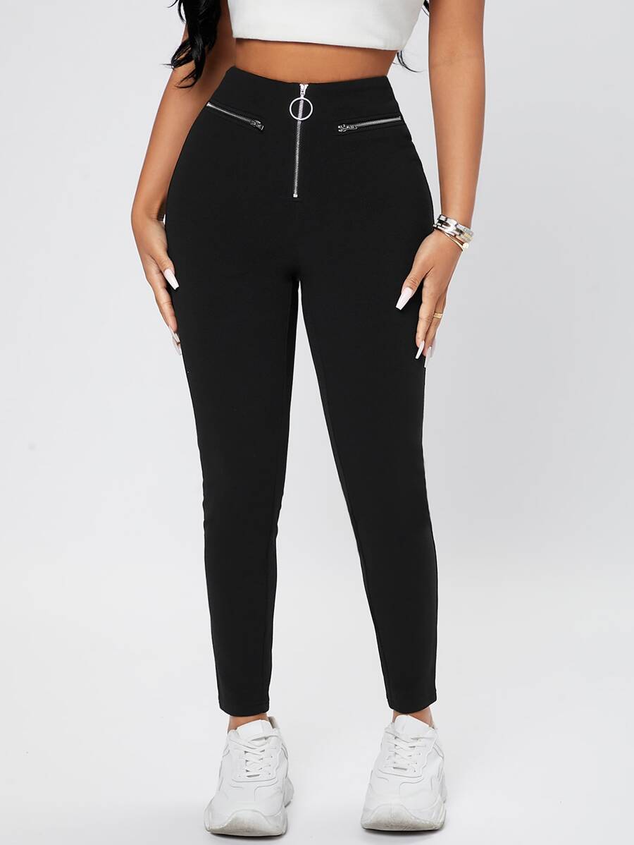 SHEIN PETITE Zip Fly Skinny Trousers - Black - View 1