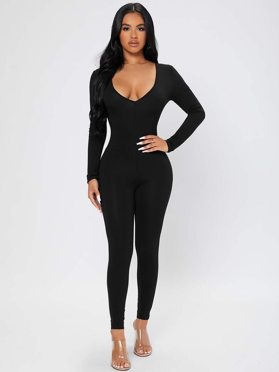 SHEIN PETITE Sweetheart Neck Unitard Bodycon Black Jumpsuit | SHEIN UK
