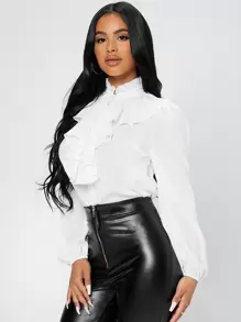 SHEIN PETITE Ruffle Trim Jabot Collar Blouse - White - View 5