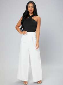 SHEIN PETITE Fold Pleated Wide Leg Trousers - White - View 3