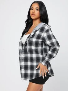 SHEIN PETITE Contrast Collar Plaid Print Blouse,Long Sleeve Tops - Black and White - View 5