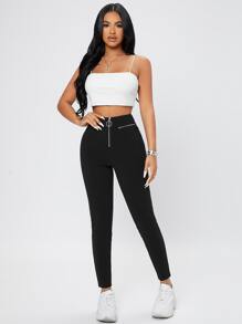 SHEIN PETITE Zip Fly Skinny Trousers - Black - View 3