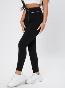 SHEIN PETITE Zip Fly Skinny Trousers - Black - View 5