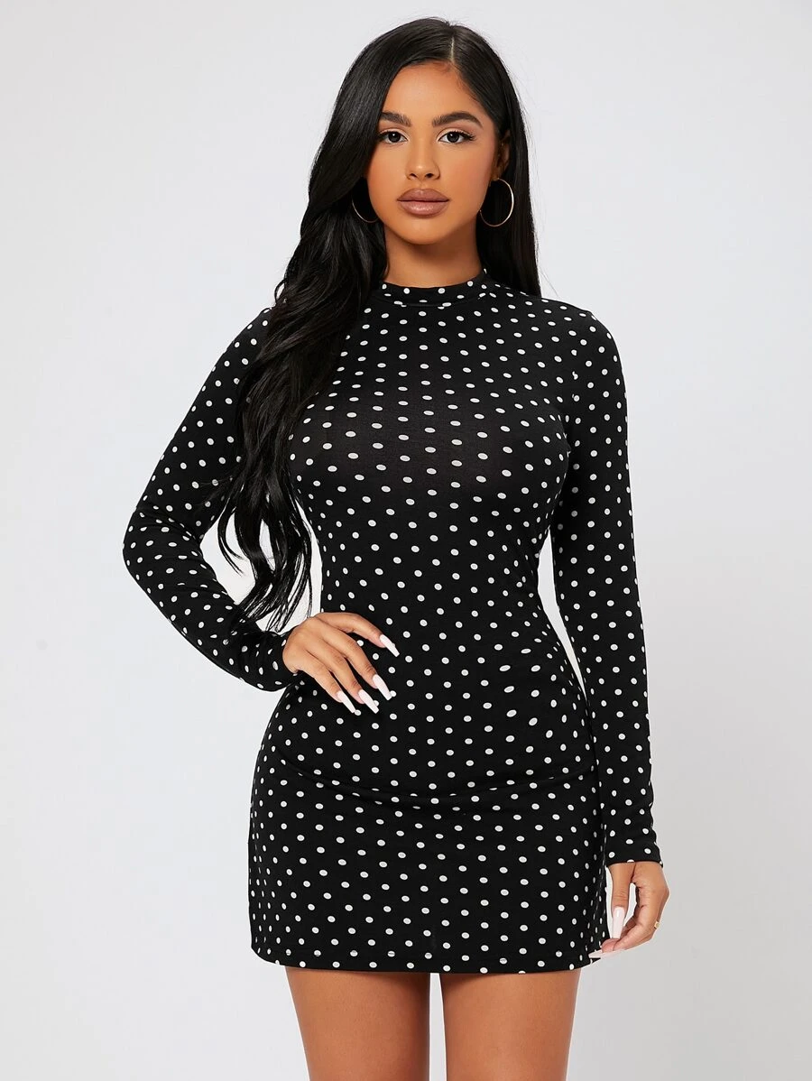 SHEIN PETITE Polka Dot Print Bodycon Dress - Black - View 1