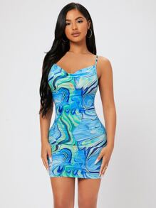 SHEIN PETITE Marble Print Draped Collar Bodycon Dress - Multicolor - View 3