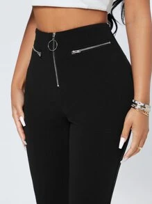 SHEIN PETITE Zip Fly Skinny Trousers - Black - View 6