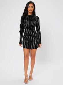 SHEIN PETITE Polka Dot Print Bodycon Dress - Black - View 3