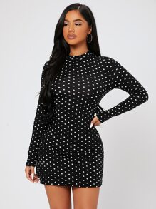 SHEIN PETITE Polka Dot Print Bodycon Dress - Black - View 4