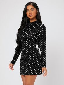 SHEIN PETITE Polka Dot Print Bodycon Dress - Black - View 5