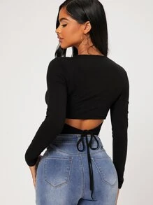 SHEIN PETITE Solid Tie Back Crop Slim Tee - Black - View 1