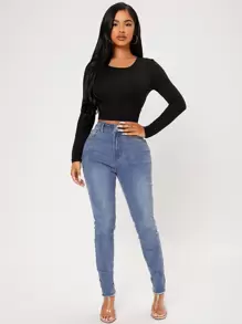 SHEIN PETITE Solid Tie Back Crop Slim Tee - Black - View 5