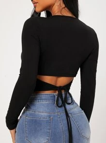 SHEIN PETITE Solid Tie Back Crop Slim Tee - Black - View 2