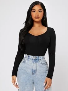 SHEIN PETITE V-neck Form Fitted Tee - Black - View 4