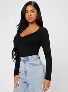 SHEIN PETITE V-neck Form Fitted Tee - Black - View 5