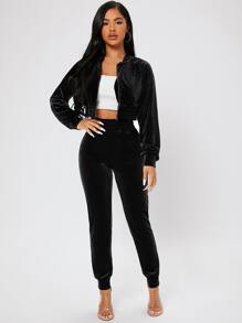 SHEIN PETITE Zip Up Raglan Sleeve Crop Velvet Bomber Jacket & Trousers - Black - View 1