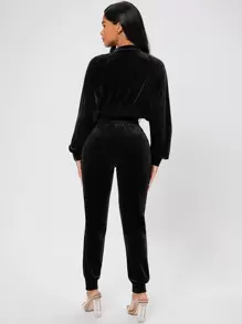 SHEIN PETITE Zip Up Raglan Sleeve Crop Velvet Bomber Jacket & Trousers - Black - View 2