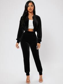 SHEIN PETITE Zip Up Raglan Sleeve Crop Velvet Bomber Jacket & Trousers - Black - View 4