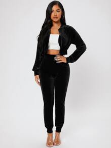 SHEIN PETITE Zip Up Raglan Sleeve Crop Velvet Bomber Jacket & Trousers - Black - View 5