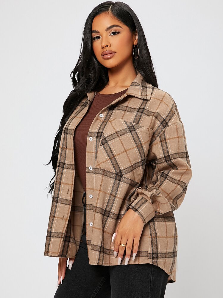 SHEIN PETITE Áo sơ mi kẻ caro túi trước, áo dài tay - Nhiều màu - Xem 6