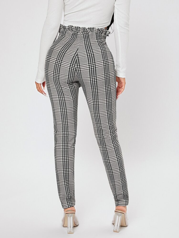 Plaid Print Paperbag Waist Knot Front Pants