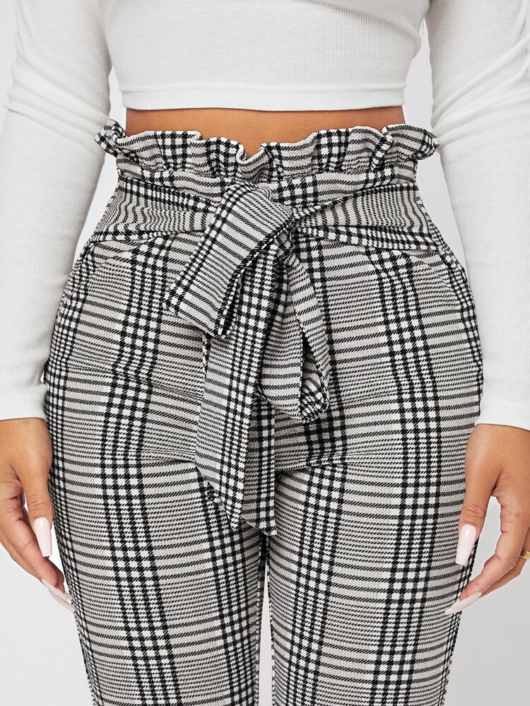 Plaid Print Paperbag Waist Knot Front Pants