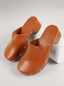 PU Leather Studded Detail Slip On Low Heel Clogs - Brown - View 2