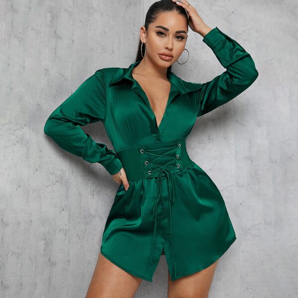 

Lace Up Corset Satin Shirt Dress, Green