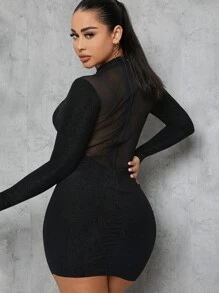 滾邊細節透視網紗拼塊緊身超短洋裝 - 黑色 - 查看 2