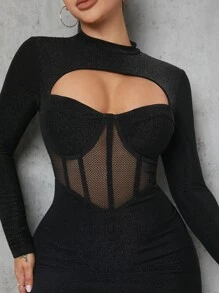 滾邊細節透視網紗拼塊緊身超短洋裝 - 黑色 - 查看 4