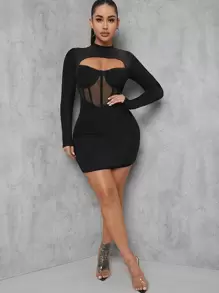 滾邊細節透視網紗拼塊緊身超短洋裝 - 黑色 - 查看 5