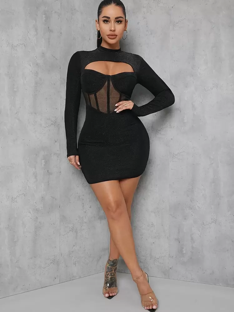 black sheer mesh square neck binding detail bodycon dress Mesh Long Sleeve Bodycon Dress Women Ofenbuy Women's Mesh Long Sleeve Bodycon  Dress  Square Neck, Ruched, Stretchy Mini Dress For Party, Cocktail, Club  (Double-Layer, Not See-Through)