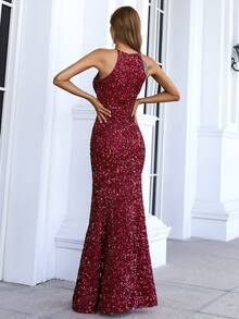 Missord Vestido con lentejuelas de cuello con abertura de ojo de muslo con abertura - Burdeos - Ver 2