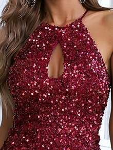 Missord Vestido con lentejuelas de cuello con abertura de ojo de muslo con abertura - Burdeos - Ver 7