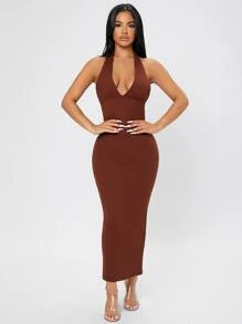 SHEIN PETITE Ribbed Knit Tie Backless Halter Bodycon Dress - Brown - View 1