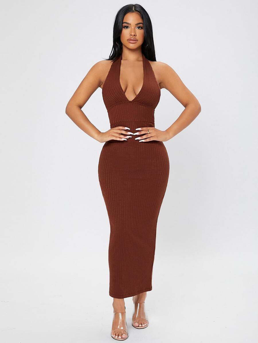 SHEIN PETITE Ribbed Knit Tie Backless Halter Bodycon Dress - Brown - View 1