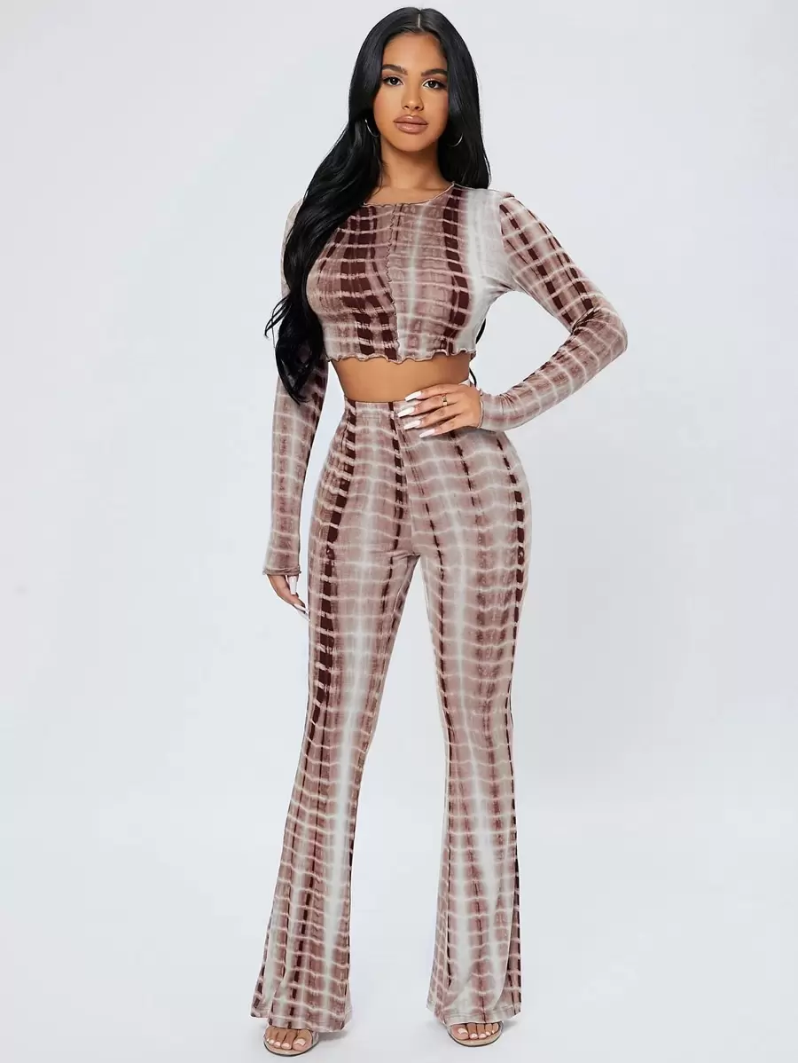 SHEIN PETITE Tie Dye Lettuce Trim Crop Top & Flare Leg Pants