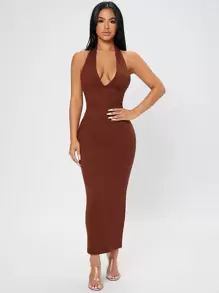 SHEIN PETITE Ribbed Knit Tie Backless Halter Bodycon Dress - Brown - View 3