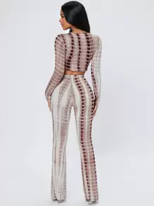 SHEIN PETITE Tie Dye Lettuce Trim Crop Top & Flare Leg Pants