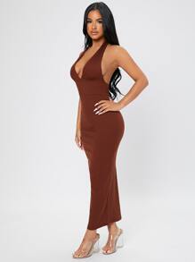 SHEIN PETITE Ribbed Knit Tie Backless Halter Bodycon Dress - Brown - View 5