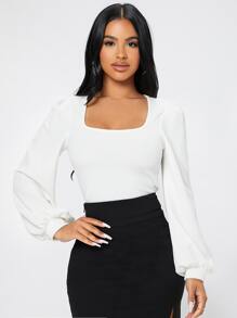 SHEIN PETITE Square Neck Lantern Sleeve Spring Women Tee - White - View 1