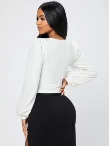 SHEIN PETITE Square Neck Lantern Sleeve Spring Women Tee - White - View 2