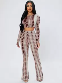 SHEIN PETITE Tie Dye Lettuce Trim Crop Top & Flare Leg Pants